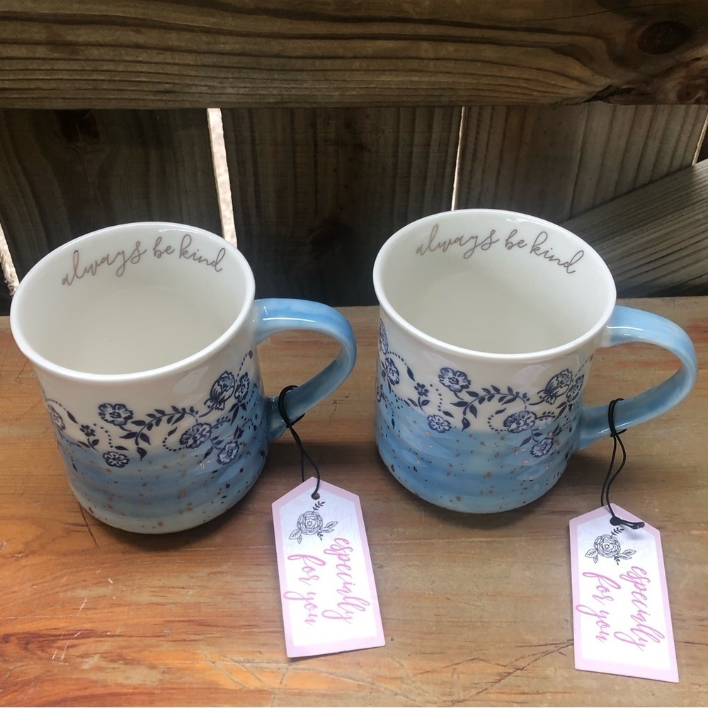 Set of 2 Belle Maison Always Be Kind Blue & White Floral Coffee Mugs with Tags